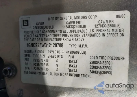 2001 Chevrolet Blazer Lt from USA, damaged, VIN 1GNCS13W312120708